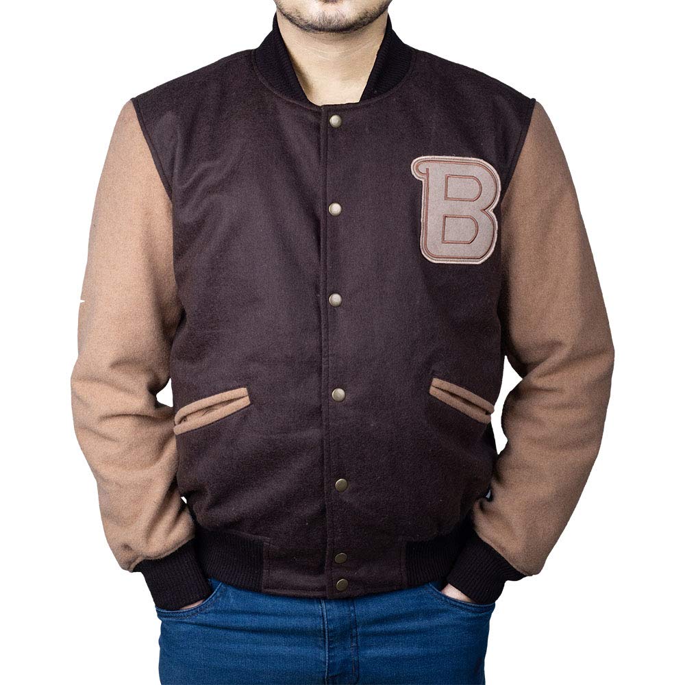 EASTIFIEDMens Brown Varsity Letterman Jacket - Letter B Patch Flight Bomber Wool Jacket