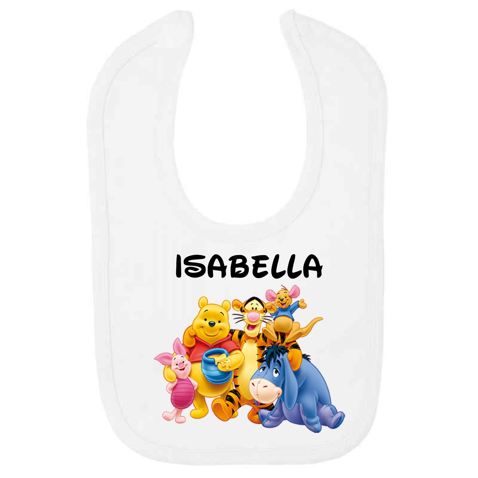 Oh Sew Simple White Pooh & Friends Personalised Baby Bib – Printed With The Name Of Your Choice