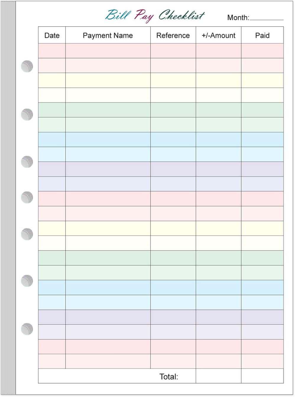 Min Binder Bill Pay Checklist Refills Paper for 3 or 7 Ring Binders - 50 Sheets/100 Pages Colorful Monthly Budget Forms, 7 Hole Punched/Desk Size 4, 100 gsm White Paper, 5.8" x 8.3"
