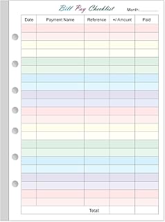 Payment Checklist Refills Paper for Mini 3 or 7 Ring Binders - 50 Sheets/100 Pages Colorful Monthly Budget Forms, 7 Hole Punched/Desk Size 4, 100 gsm White Paper, 5.8" x 8.3"