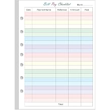 Payment Checklist Refills Paper for Mini 3 or 7 Ring Binders - 50 Sheets/100 Pages Colorful Monthly Budget Forms, 7 Hole Punched/Desk Size 4, 100 gsm White Paper, 5.8" x 8.3"