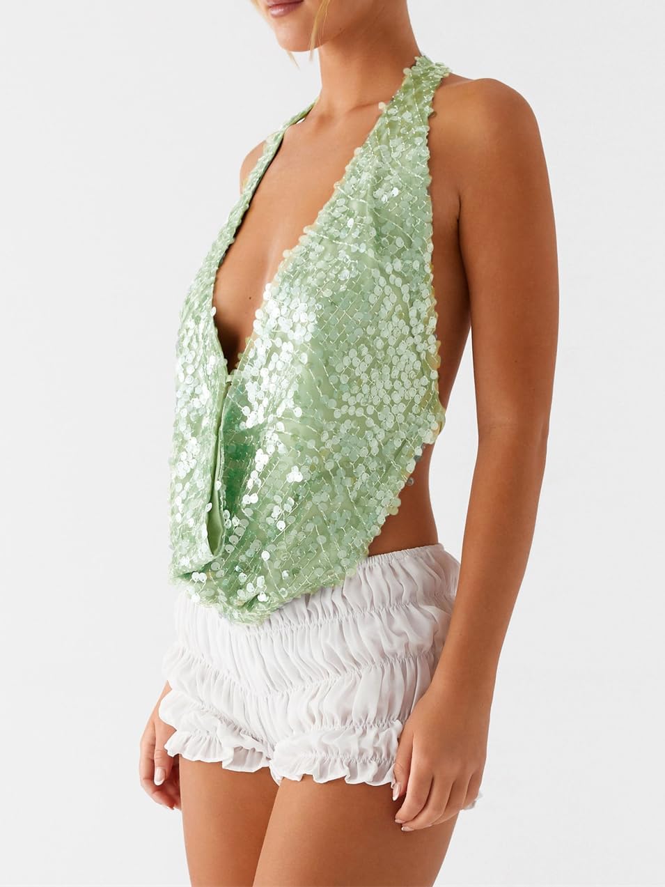 Women Halter Sequin Tank Top Sexy Y2K V Neck Low Cut Sleeveless Backless Vest Coquette Sparkly Summer Club Streetwear - Image 2