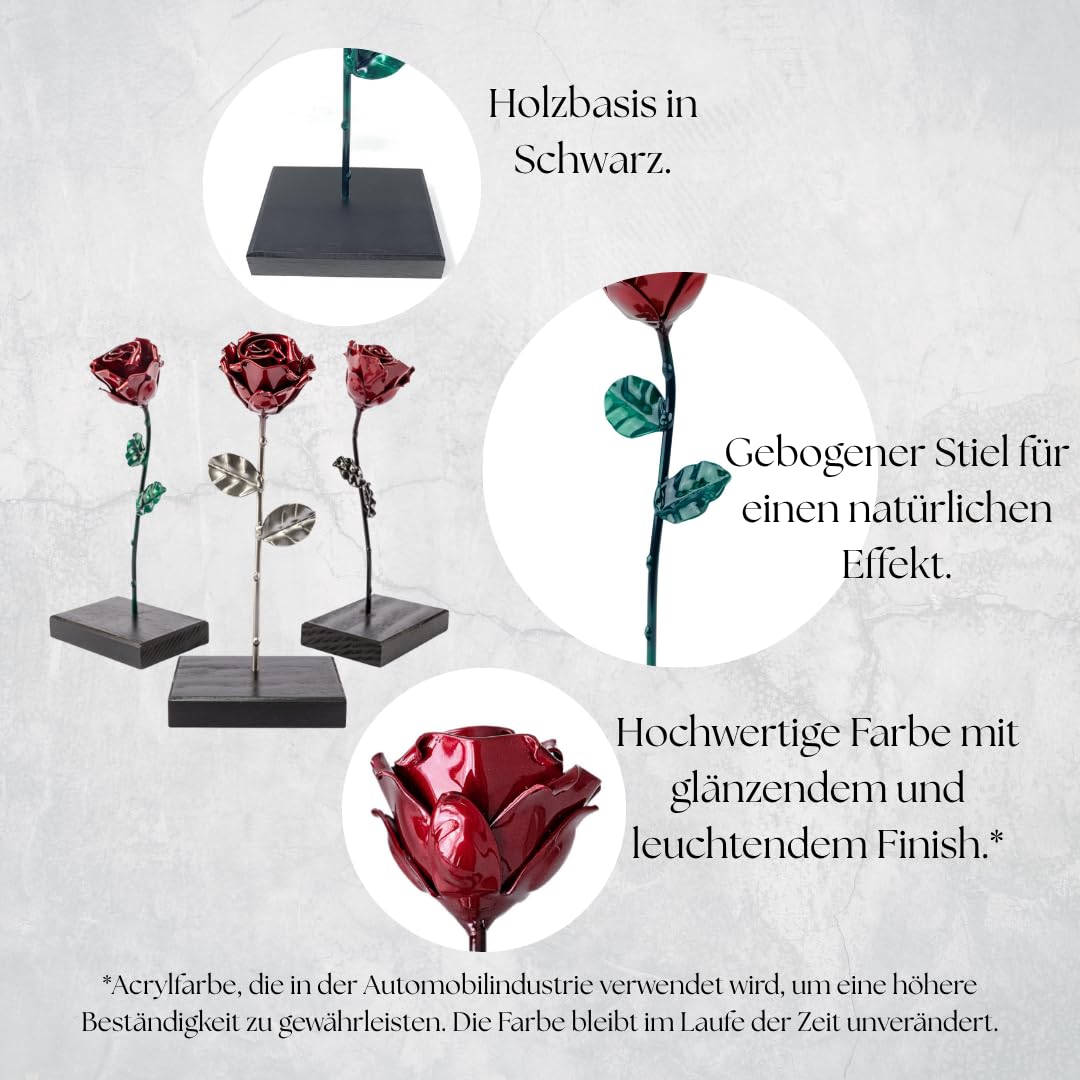 Forging Art Bcn® Ewige Rose aus Schmiedeeisen mit Fußgestell - Handgeschmiedet - Geschenk zum Muttertag, Valentinstag, Hochzeitstag, Eiserne Hochzeit (Rot/Schwarz mit Sockel)