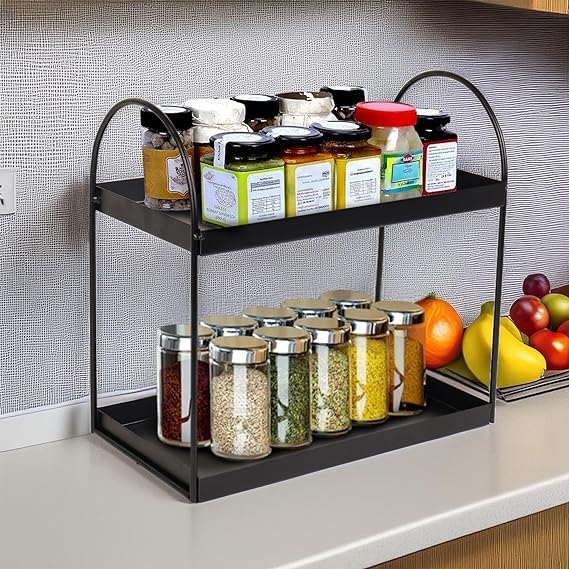Image of Niyara Iron Metal Heavy Duty Stand 2-Tier multistorage /Multipurpose Standing Rack, Bathroom Countertop Storage Shelf Cosmetic Organizer Holder Kitchen Spice Rack, (Round Black)