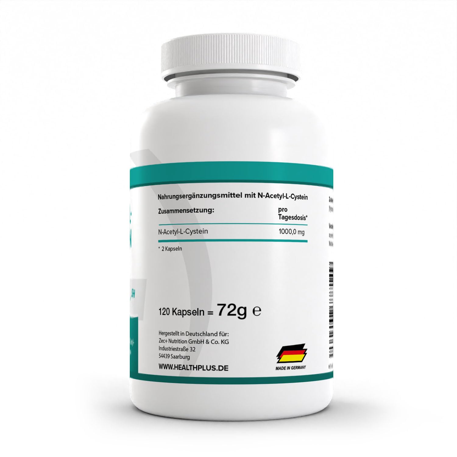 Health+ N-Acetyl-L-Cystein - 120 L-Aminosäure-Kapseln, enthält 500 mg reines Acetylcystein pro Kapsel, hochdosierte NAC Kapseln, Made in Germany