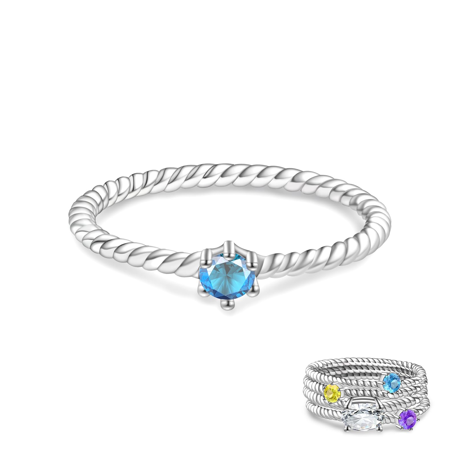 Tufeney Stackable Birthstone Rings Set for Women: 925 Sterling Silver Mother Family Stacking Ring Minimalist Stackable Bands Mother's Day Jewelry