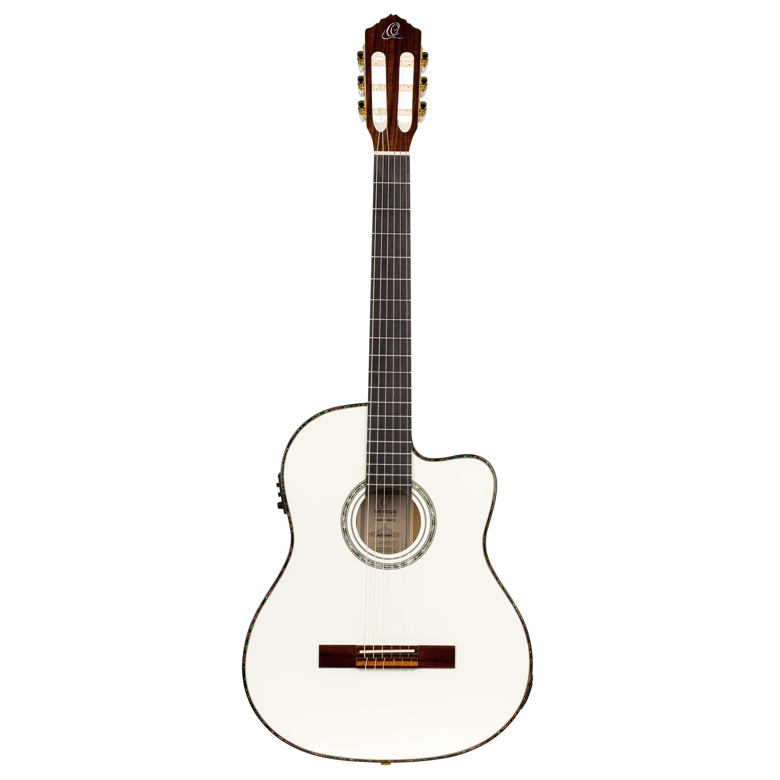 Ortega Guitars Guitare Classique Électro-Acoustique – 4/4, Slim Neck, Format Thinline – Family Series Pro – Housse Incluse – Épicéa Engelmann Massif / Acajou, Blanc (RCE145WH)