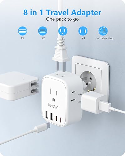 Miniatura 4 de LENCENT - Adaptador de enchufe de viaje europeo, enchufe plegable tipo C de Estados Unidos a Europa con 4 tomas, 4 puertos USB (2 USB C), adaptador
