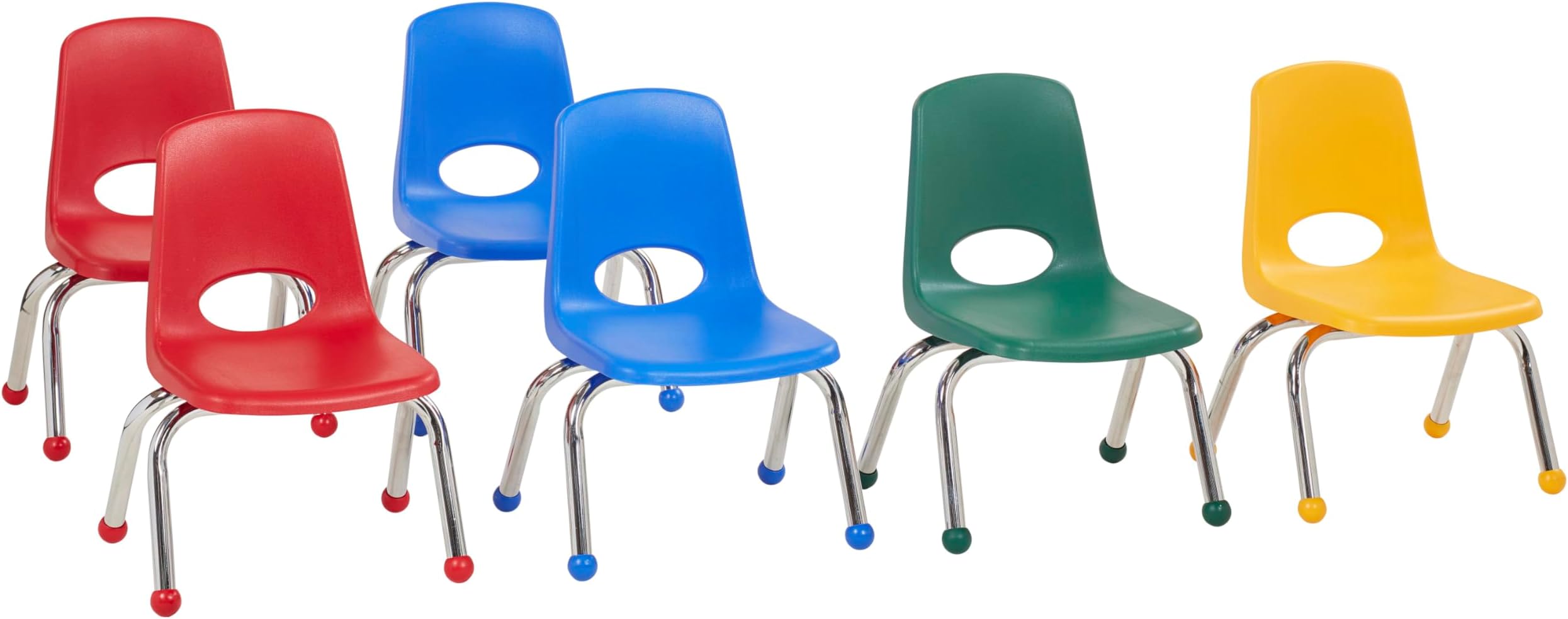 FDP 10" School Stack Chair, Stacking Student Chairs with Chromed Steel Legs and Ball Glides - Assorted Colors (6-Pack), 10357-AS