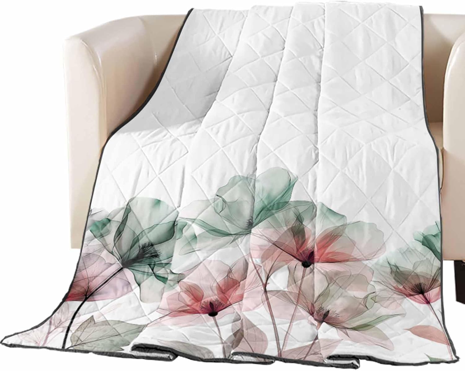T&H XHome Quilt Full Size Luxury Quilted Comforter Bedspread-Thin Soft Cozy, Green Watercolor Flower Texture Printing Reversible Stitched Lightweight Quilt Coverlet for All Season