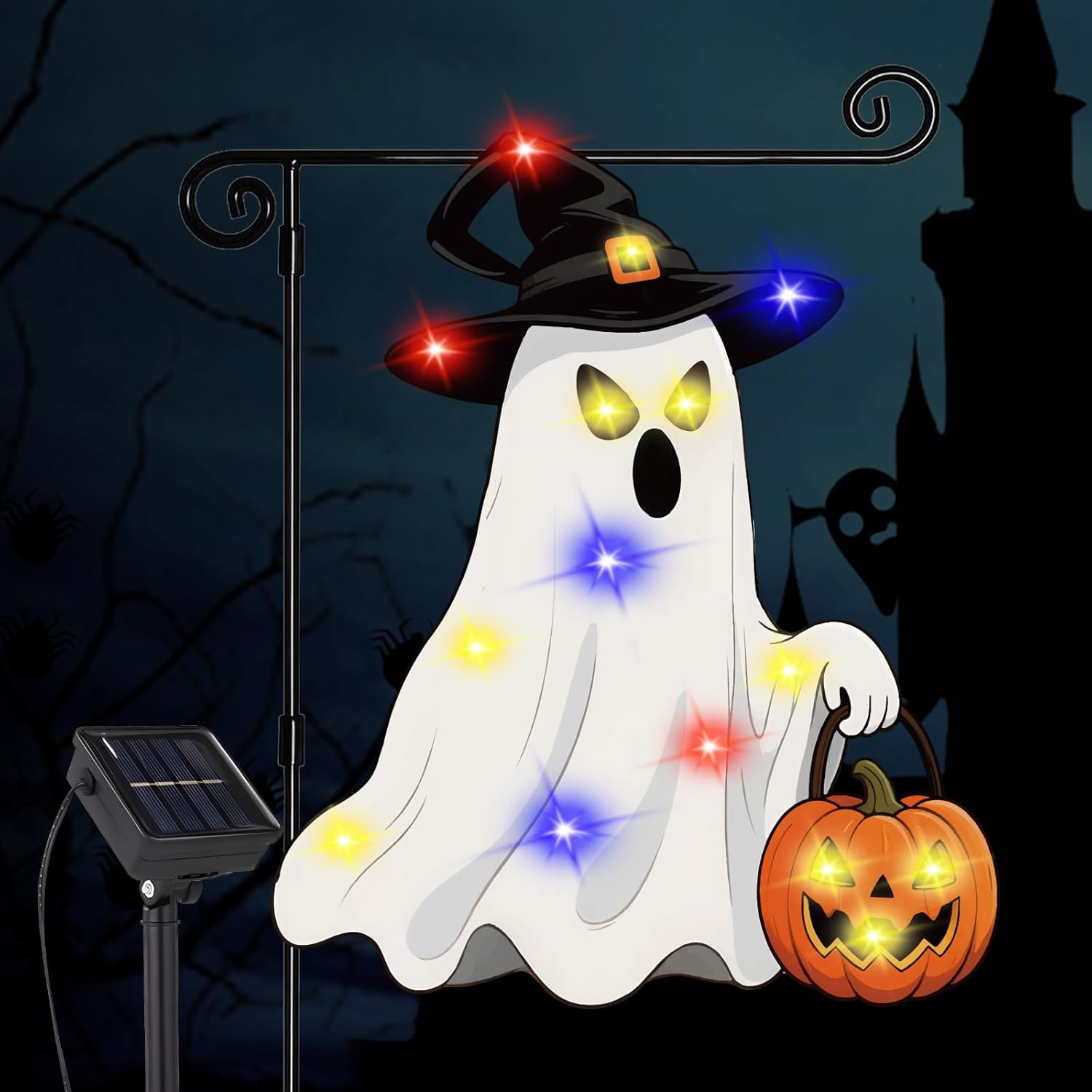 Halloween LED Ghost Flag Light Up Solar Powered, Ghost Decorations Outdoor, Double Sided Oxford Decorative Flag for Lawn Yard Outside Decor, 12x18 Inches