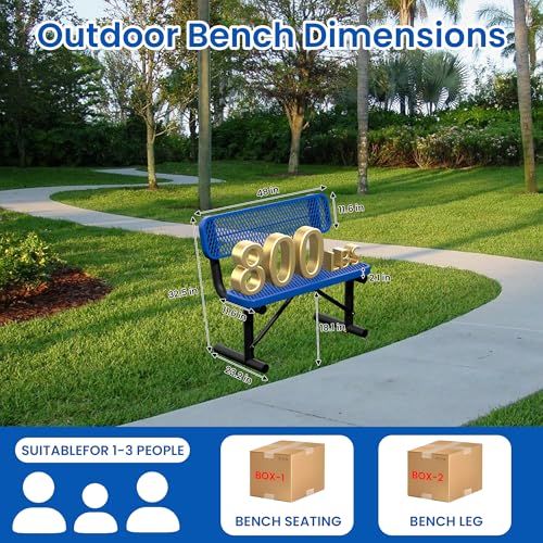 Image of 4FT Outdoor Metal Bench Park Benches for Outside, Blue Heavy Duty Long Steel Bench with Back, Commercial Garden Bench Expanded Metal Bench Seat for Lawn, Park, Deck, Garden, Patio, Porch