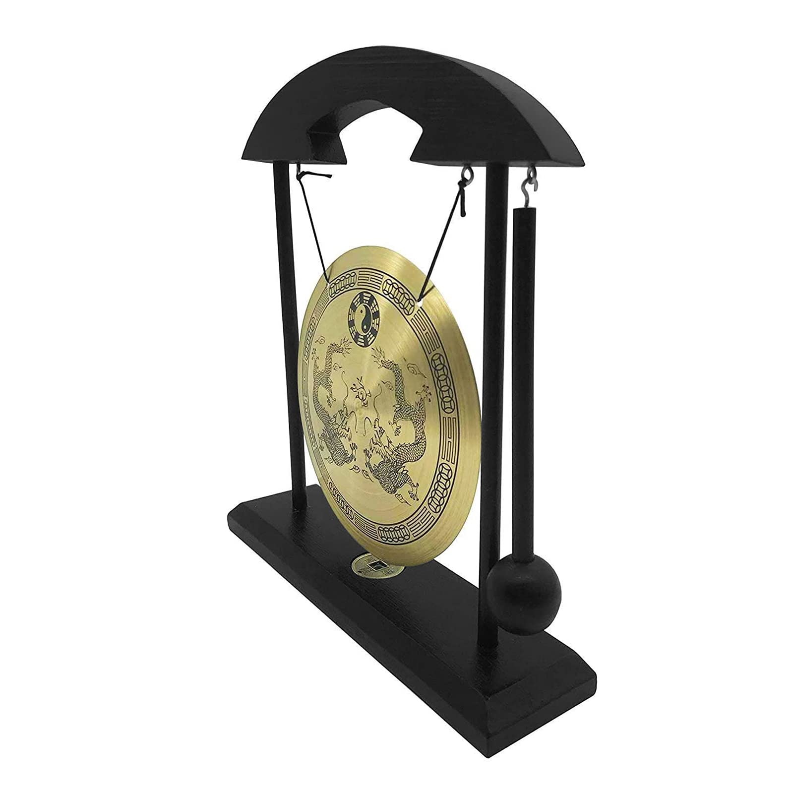 lyrlody Gong Cinese da Tavolo, Colpo di Gong da Tavolo con Base in Legno, Decorazione Zen in Legno e Rame, per il Soggiorno 'ufficio Domestico (Doppi draghi)