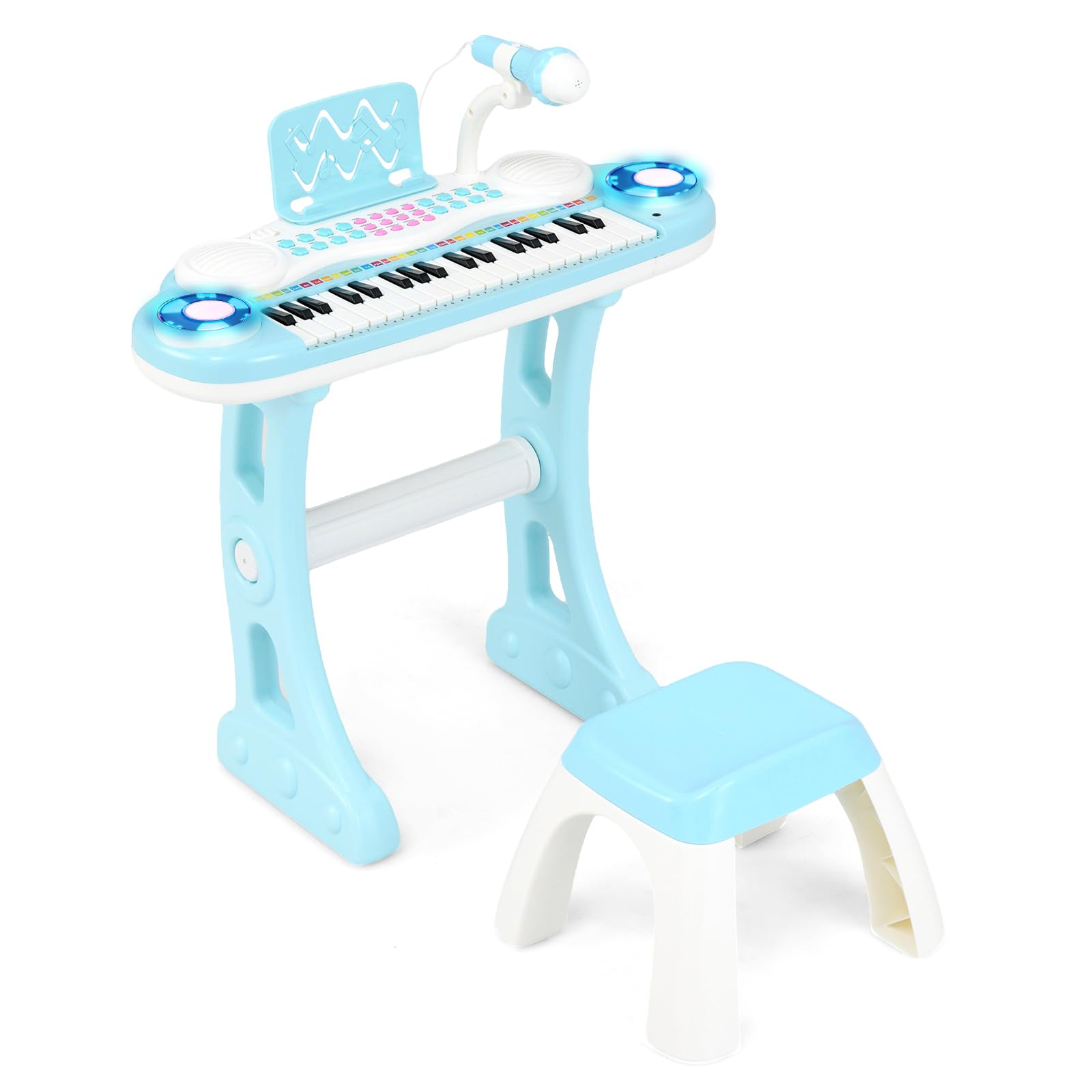 RELAX4LIFE Piano Infantil 37 Teclas con Micrófono, Soporte, Atril y Taburete, Piano Eléctrico con Función de Grabación, 8 Tonos, 8 Ritmos, USB/MP3 para Niños 18+ Meses, Juguetes Niños 1 Año (Azul)
