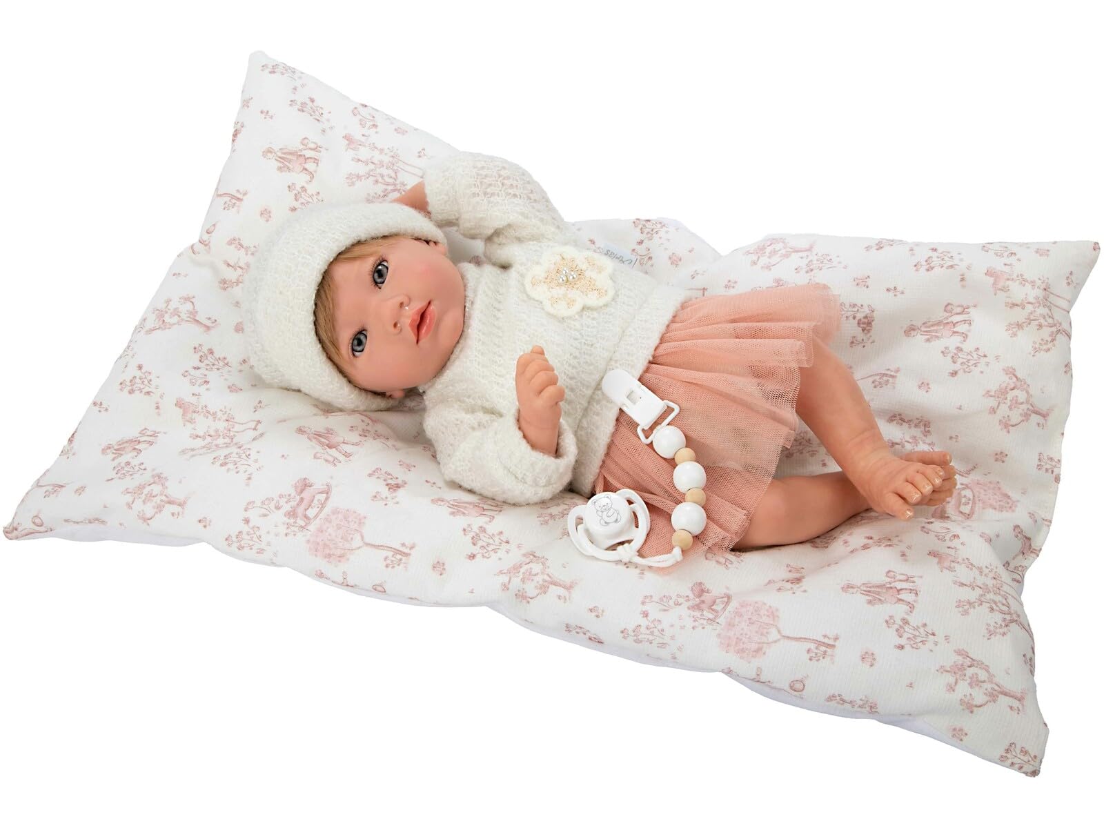ARIAS - Reborn 40 cm Julia. Bambino realistico con vestiti rosa e bianchi. Include cuscino, ciuccio, ciuccio, pannolino, libro della famiglia e certificato di autenticità. Giocattolo Bambini +3 anni