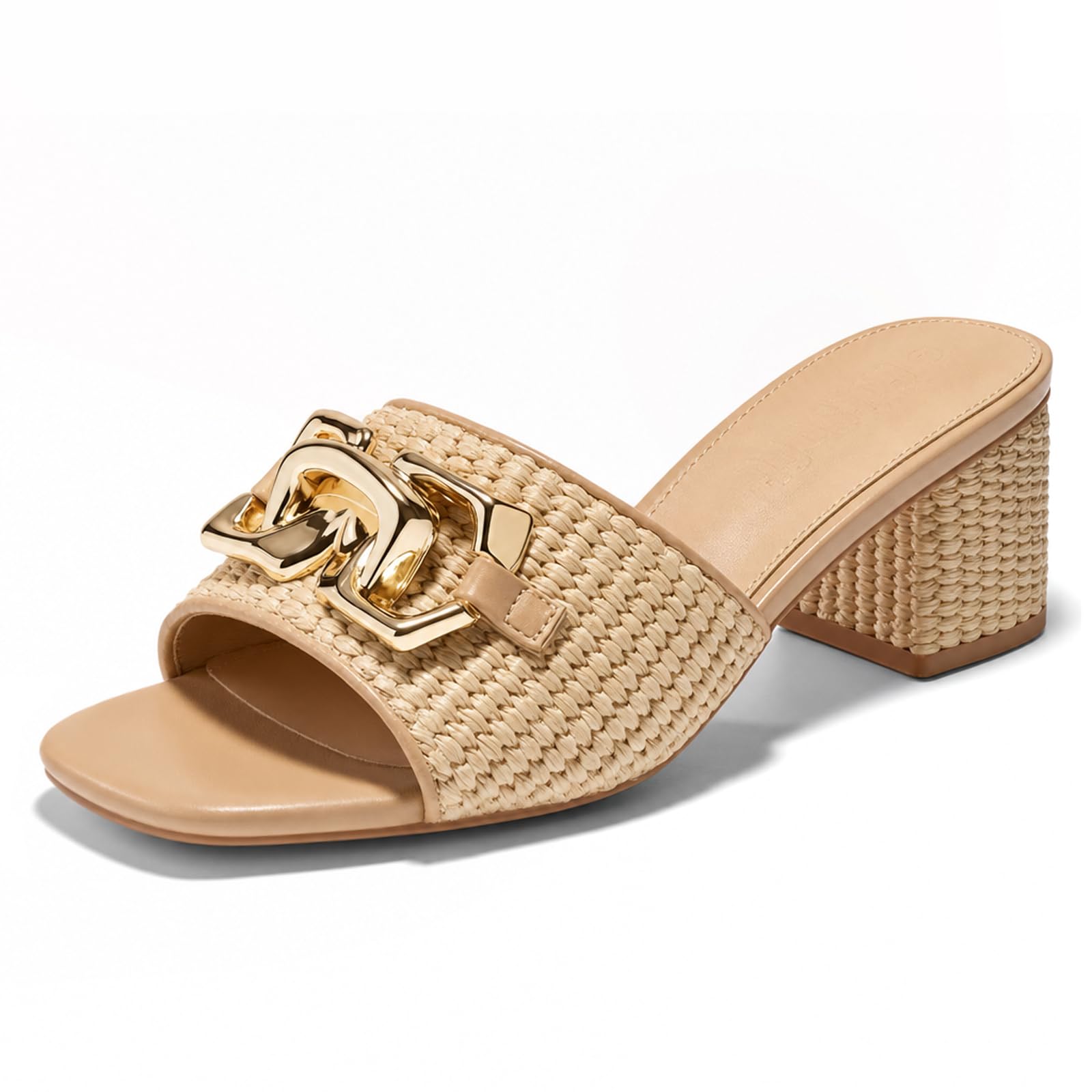 gotsoft Raffia Slide Sandals Square Toe Heeled Metal Chain Shoes