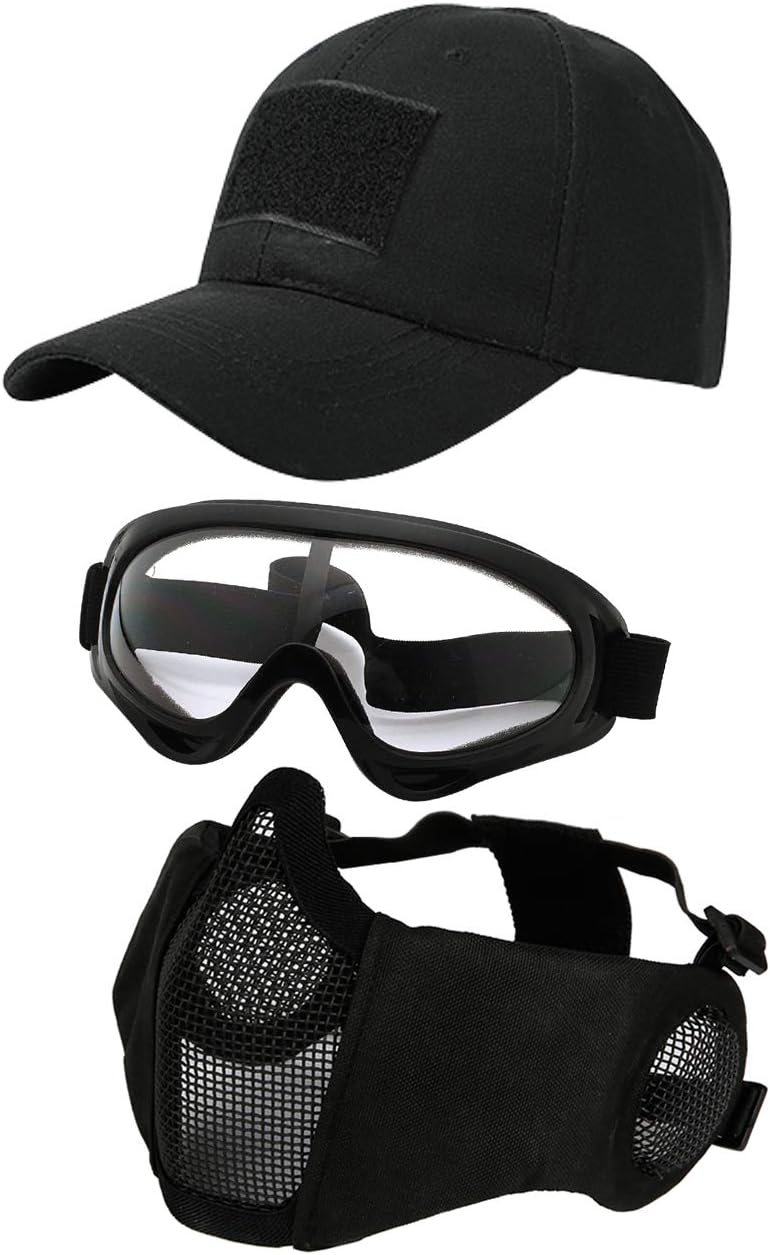 3 Pcs Tactical Airsoft Mask Goggles Baseball Cap Set,Adjustable Half Face Mesh Mask with Ear Protection,Airsoft Glasses Eye Protection Outdoor Hat for Outdoor BB/CS Game