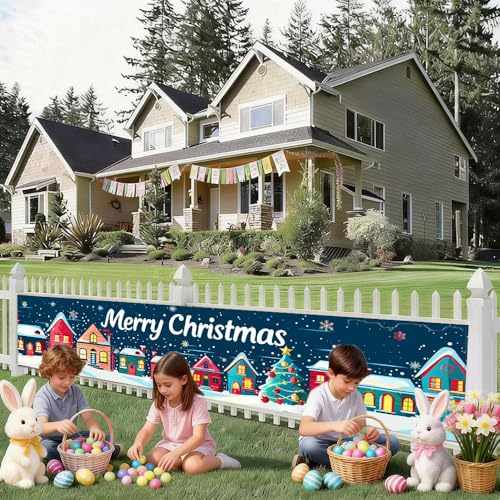 Image of Christmas Village Banner 78.7 x 17.7 Inch Snowy Town Scene with Colorful Houses and Tree Design Holiday Decoration for Yard Garden Fence Porch Patio Wall or Outdoor Display Perfect for Winter Celebration Decor