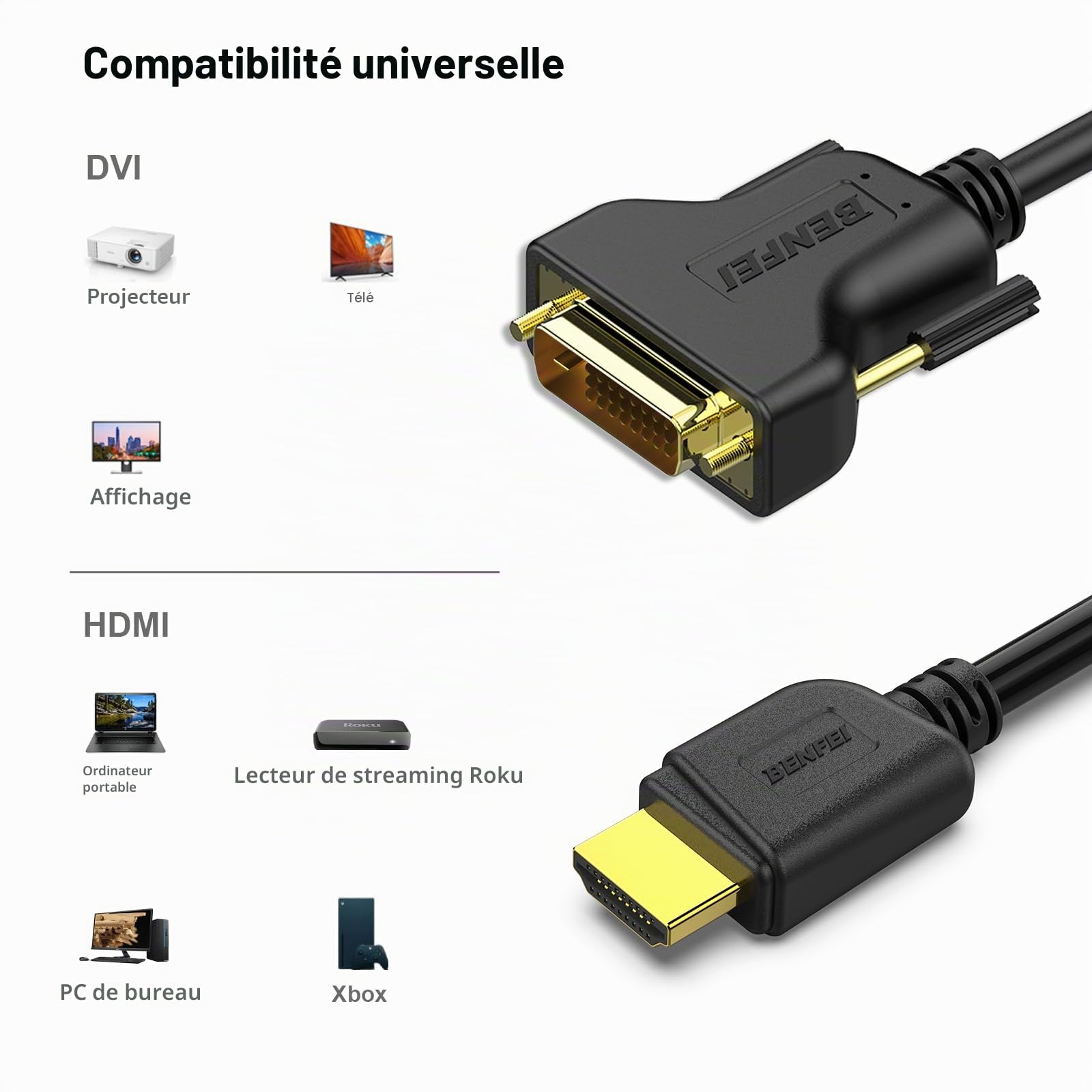 BENFEI Câble HDMI vers DVI 1,8 m bidirectionnel DVI-D 24+1 mâle vers HDMI mâle Adaptateur Haute Vitesse 1080P Full HD
