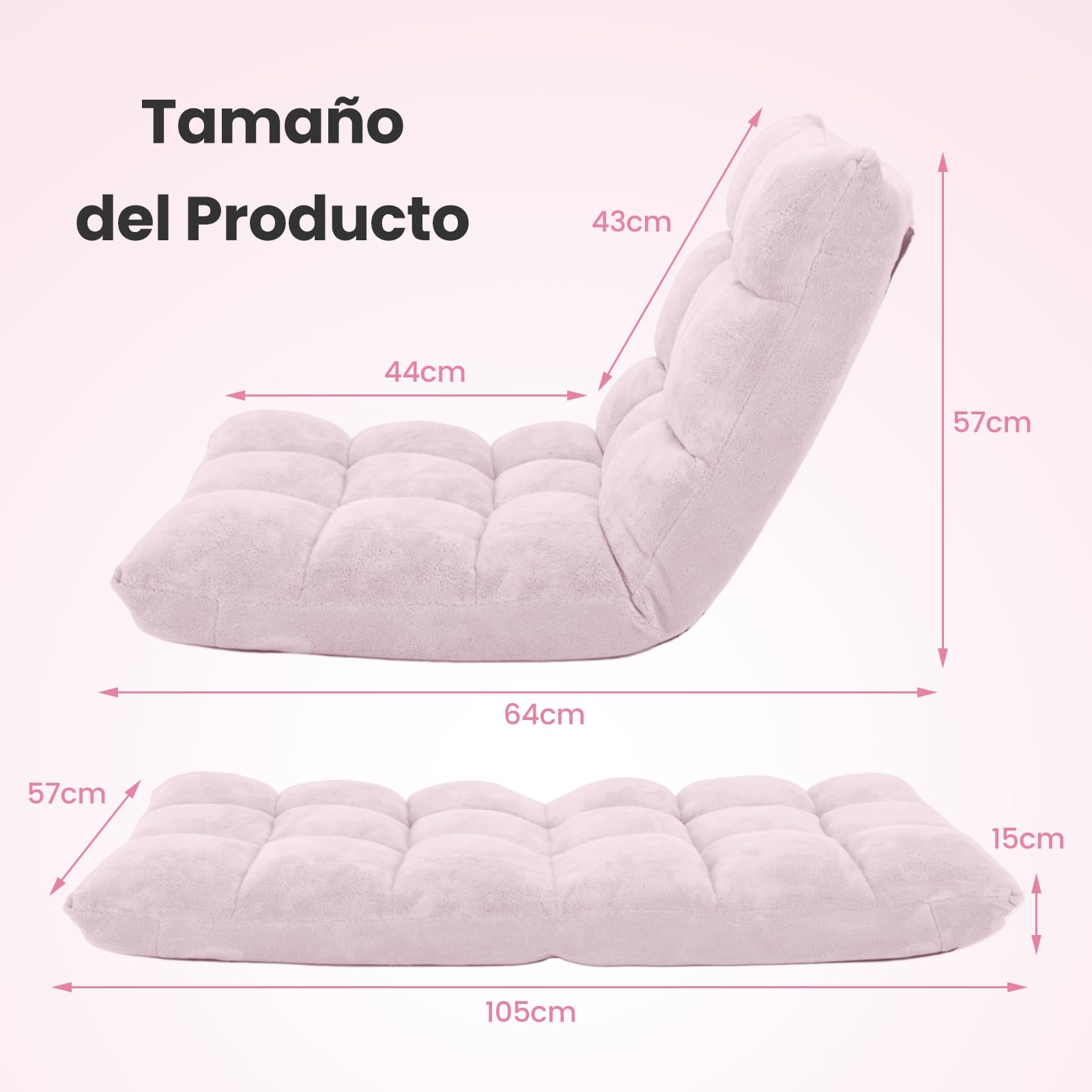 COSTWAY Sofá Suelo, Silla de Suelo Individual, Respaldo Ajustable en 14 Posiciones, Sofá Perezoso con Esponja Gruesa y Tela de Terciopelo, Silla Plegable de Meditación y de Lectura (Rosado Claro)