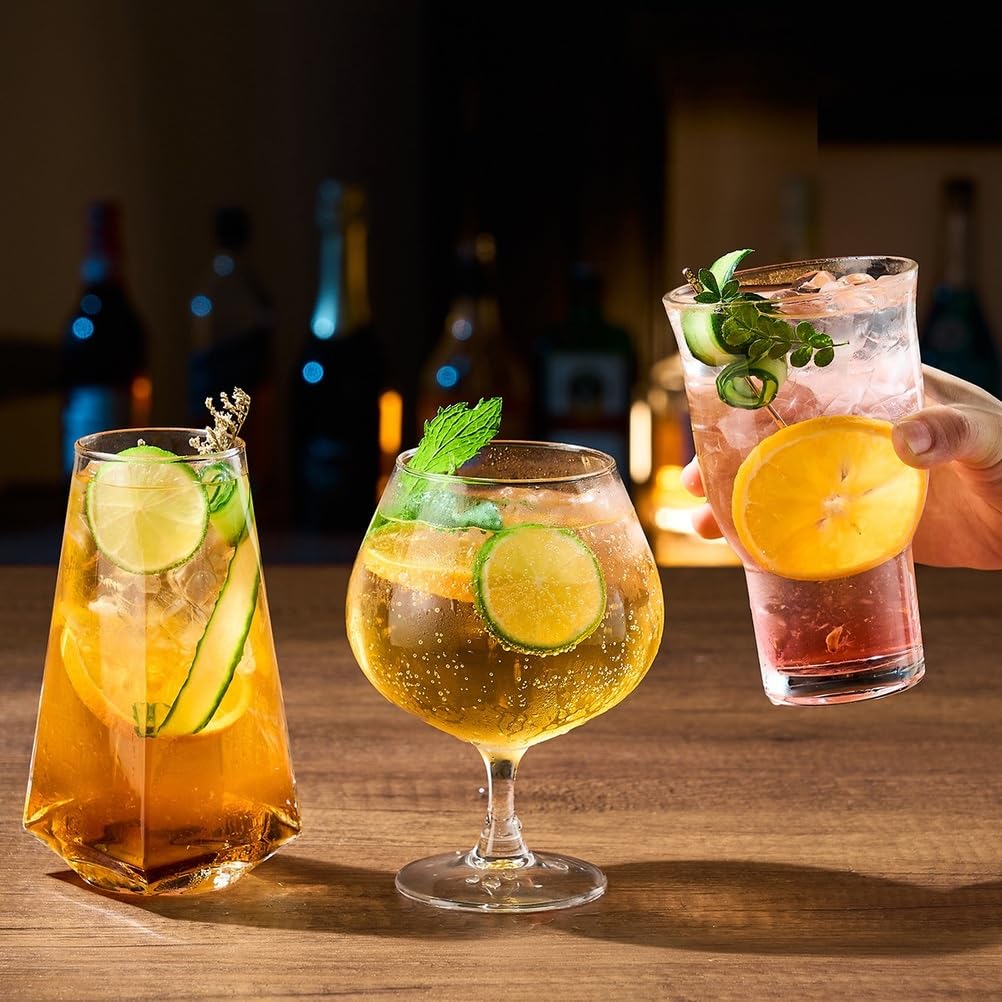 4-częściowy zestaw do koktajli z przezroczystego szkła - szklanki typu highball i na nóżce | gładko zwinięte obrzeża, stabilne pogrubione podstawy