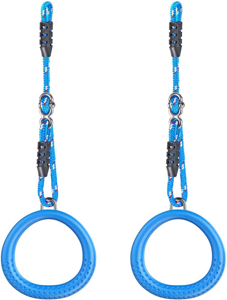 DolibestNon-Slip Gymnastics Rings Kids Monkey Bars Swing Trapeze Bar with Adjustable Straps (41.7inch) Home Fitness Full Body Workout Ninja Warrior Obstacle Course Blue (2Pack）