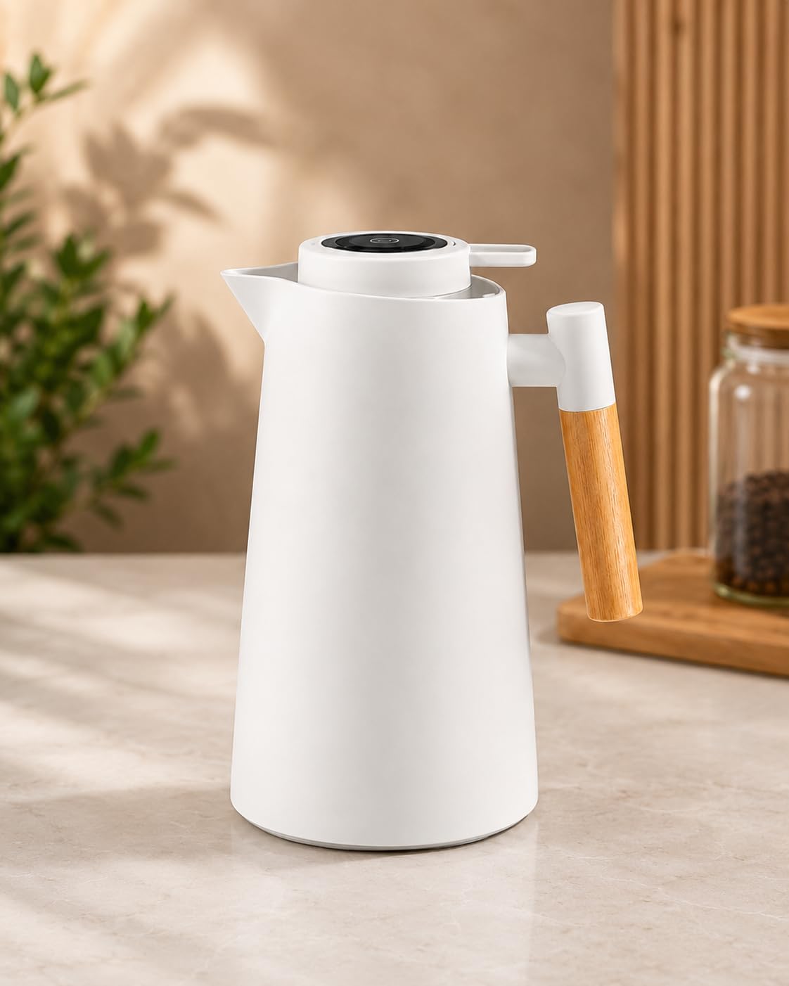 1000ml Smart Thermal Jug Flask with LCD Temperature Display, 1L Vacuum Insulated Coffee Pot, PP & Glass Hot Water Carafe with Wooden Handle for Home and Office White