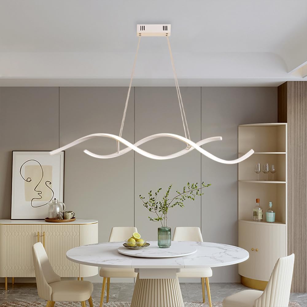 Lampadario LED Moderno 54W Dimmerabile con Telecomando | Luce Calda Naturale Fredda 3000K–6400K | Design Ondulato Regolabile Bianco/Nero | Sospensione Elegante per Cucina Sala Soggiorno (Bianco)