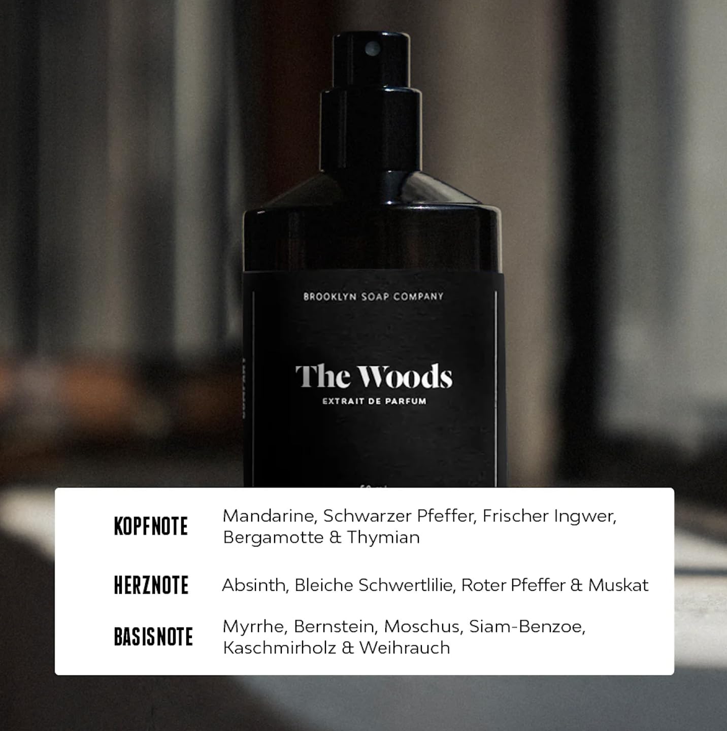 The Woods Extrait de Parfum (50ml) · Brooklyn Soap Company · Intensiv-holziger Herrenduft · Mit Kaschmirholz, Bergamotte, Pfeffer & Muskat · Für ein luxuriöses Dufterlebnis bis zu 12 Stunden