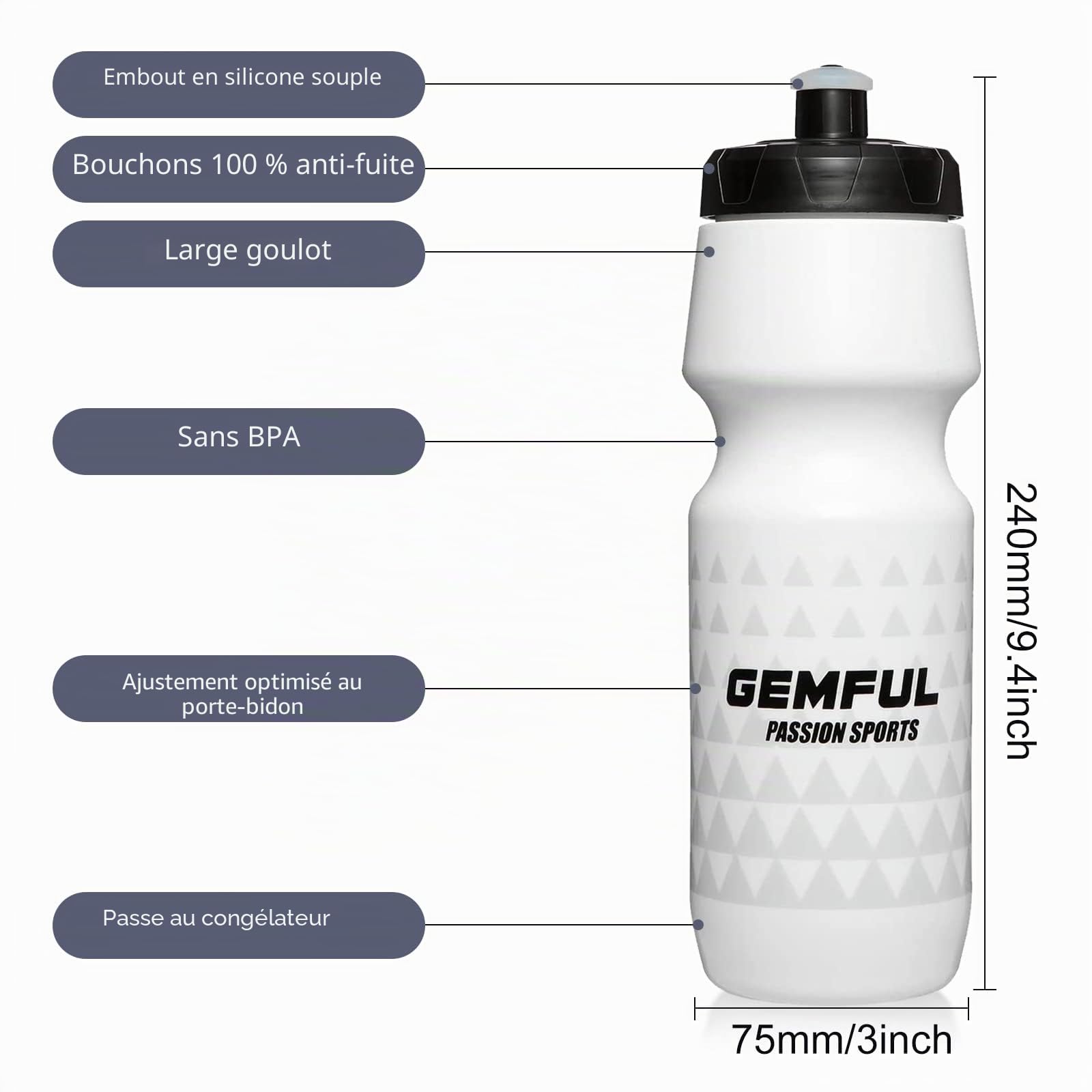 GEMFUL Bidon Vélo Gourde Sport Sans BPA 750ml Lot de 2