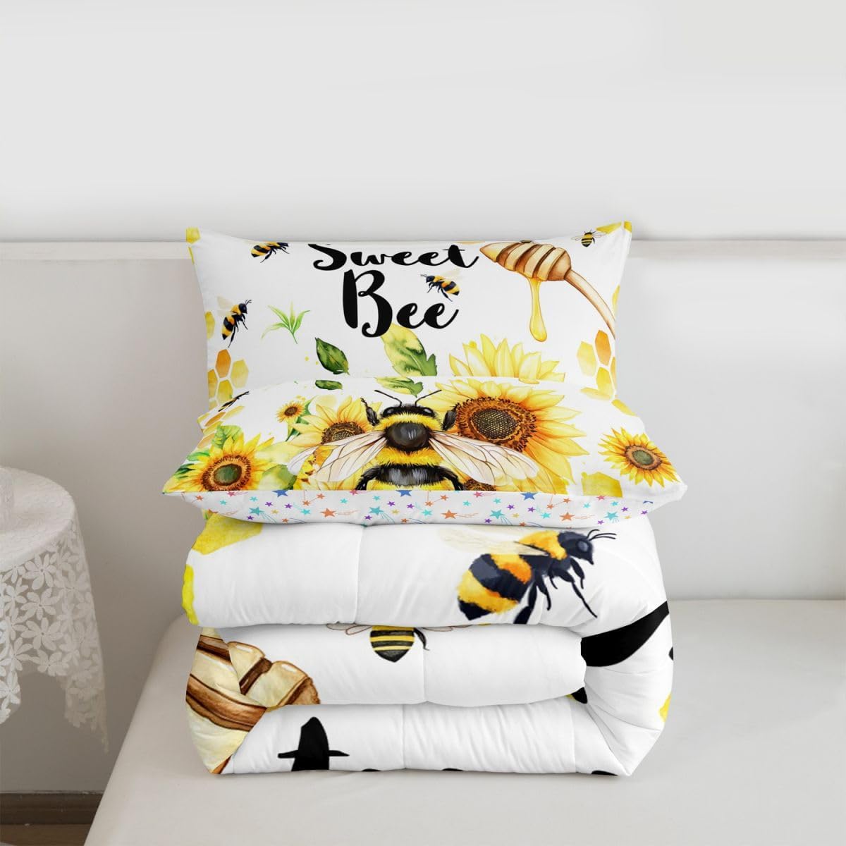 Feelyou Sweet Honey Bee Comforter Set for Girls Boys Yellow Bee Comforter Sunflower Bedding Set Honeycomb Bee Room Decor Geometric Hexagon Duvet Set King Size Quilt 3Pcs Boys