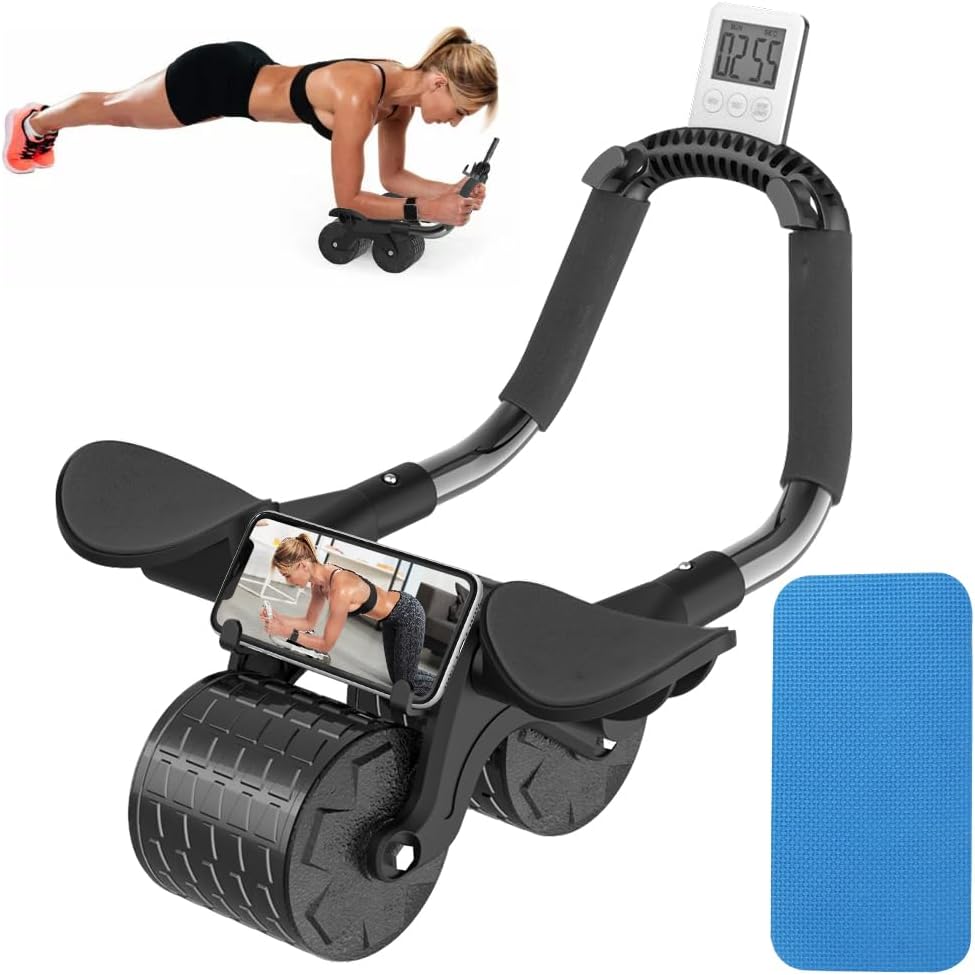 Rescien Elbow Support Automatic Rebound Abdominal Wheel, Ab Wheel Roller with Timer, Phone Holder and Knee Pad for Abdominal Exercise Machine, Plank Core Trainer, Abs Workout in Office, Home, Outdoor