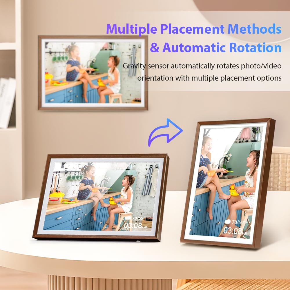 Cadre Photo Numérique 32 Go, écran Tactile WiFi 10,1 Pouces, HD 1280 x 800 IPS, Rotation Automatique, Partage De Photos à Tout Moment et en Tout Lieu Via l'application Frameo/Uhale, Bronze