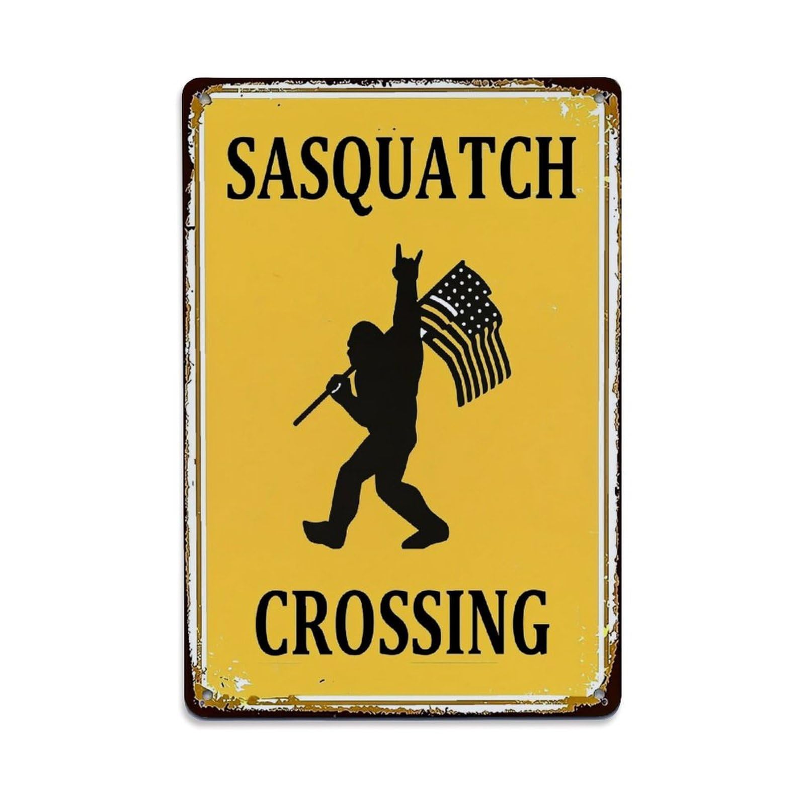 Sasquatch Holding Flag Rocking Hand Retro Metal Tin Sign, Vintage Decor Art Poster for Bar, Home, Man Cave, Kitchen, Laundry Room Gift 8x12Inch