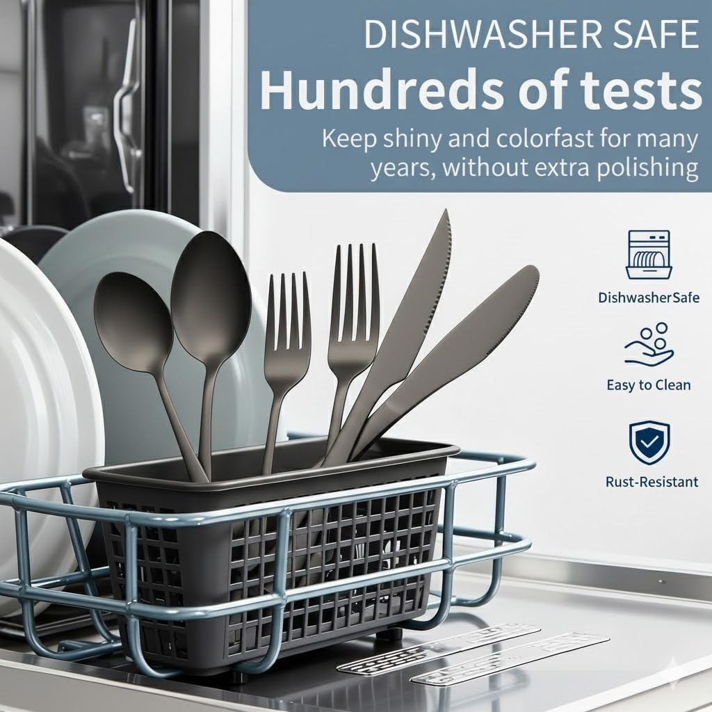 GPY Black Silverware Set with Steak Knives, 36-Piece Stainless Steel Flatware Set Service for 6, Titanium Plated Black Eating Utensils, Modern Mirror Finish Cutlery for Kitchen & Home