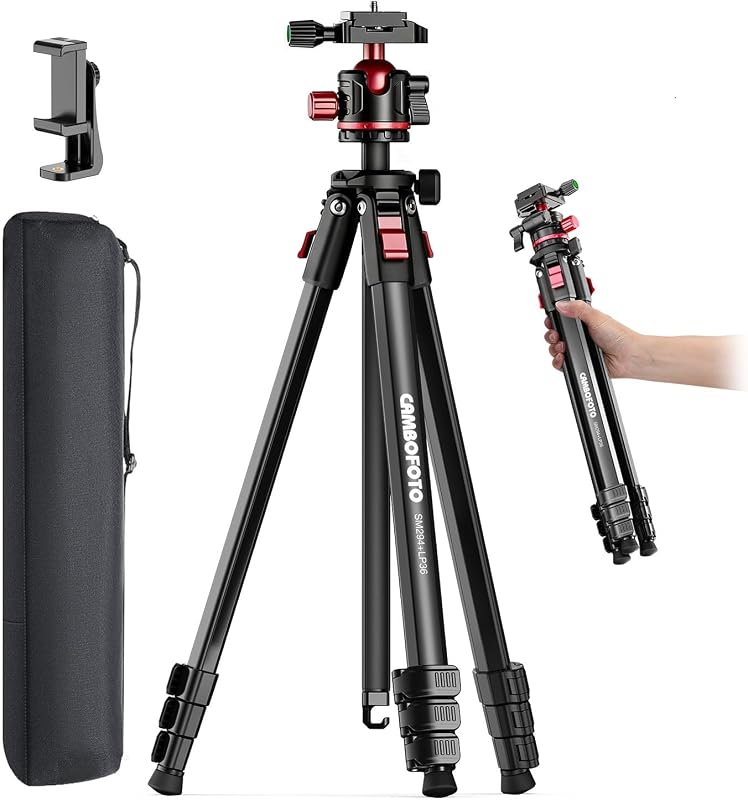 68" Travel Tripod for Camera Phone Camcorder, Ball Head, Aluminum | Portable Tripod Stand with Phone Holder & QR Plate, Compatible with iPhone Video Recording DSLR Mirrorless Film, Load 8.8lbs