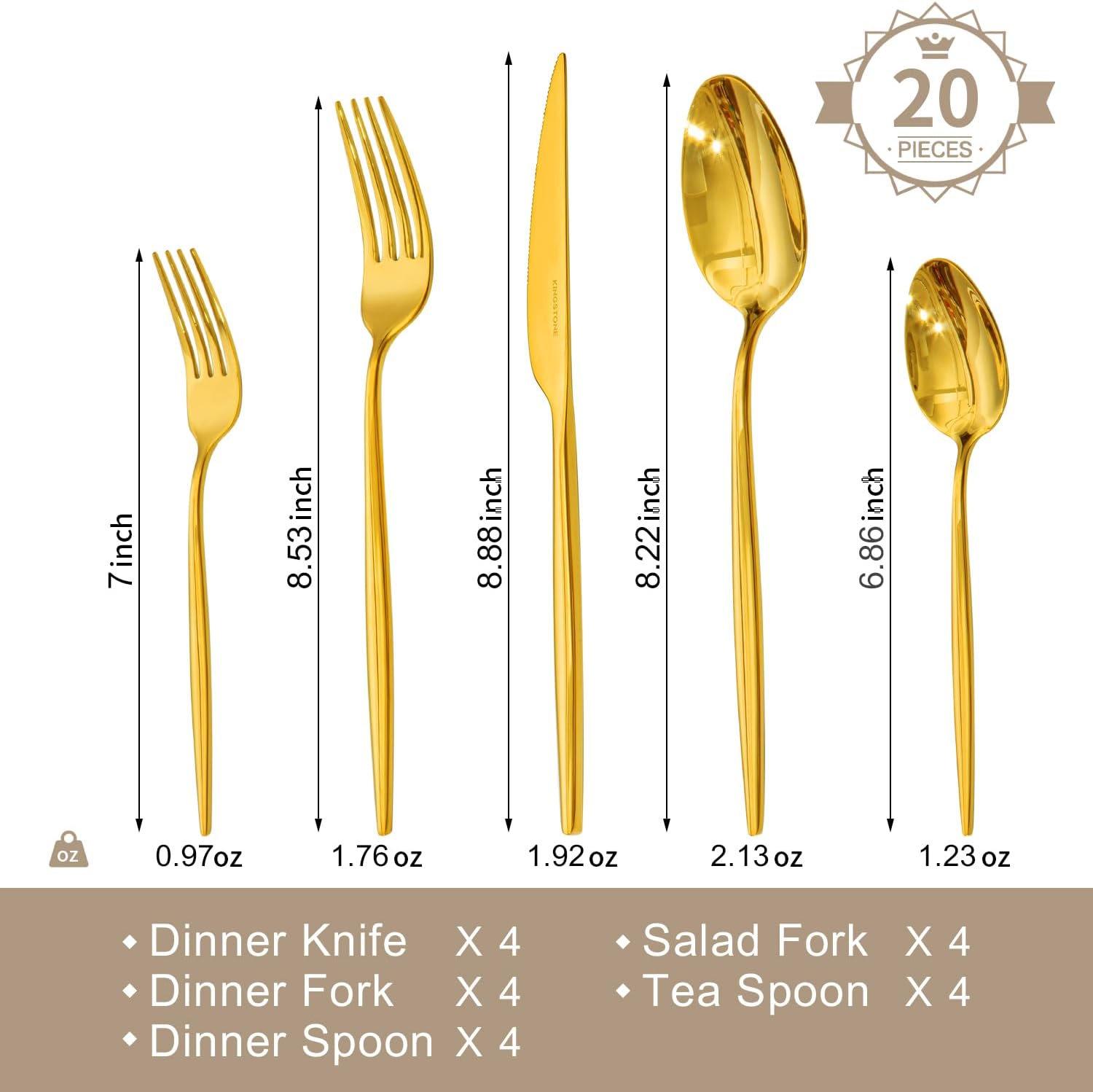 KINGSTONE Silverware Set, 20-Piece Flatware Set Cutlery Set Premium 18/10 Stainless Steel, Tableware Include Forks Knives Spoons for Home Kitchen Restaurant Wedding, Dishwasher Safe, Gold