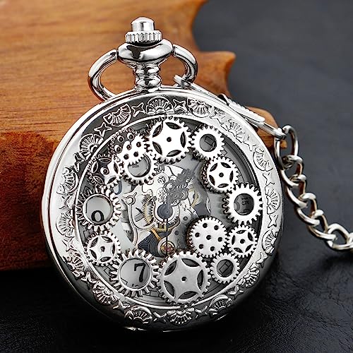 Image of Classic Silver Mechanical Pocket Watch, Roman Numerals Silver Pocket Watch with Chain Box for Men
