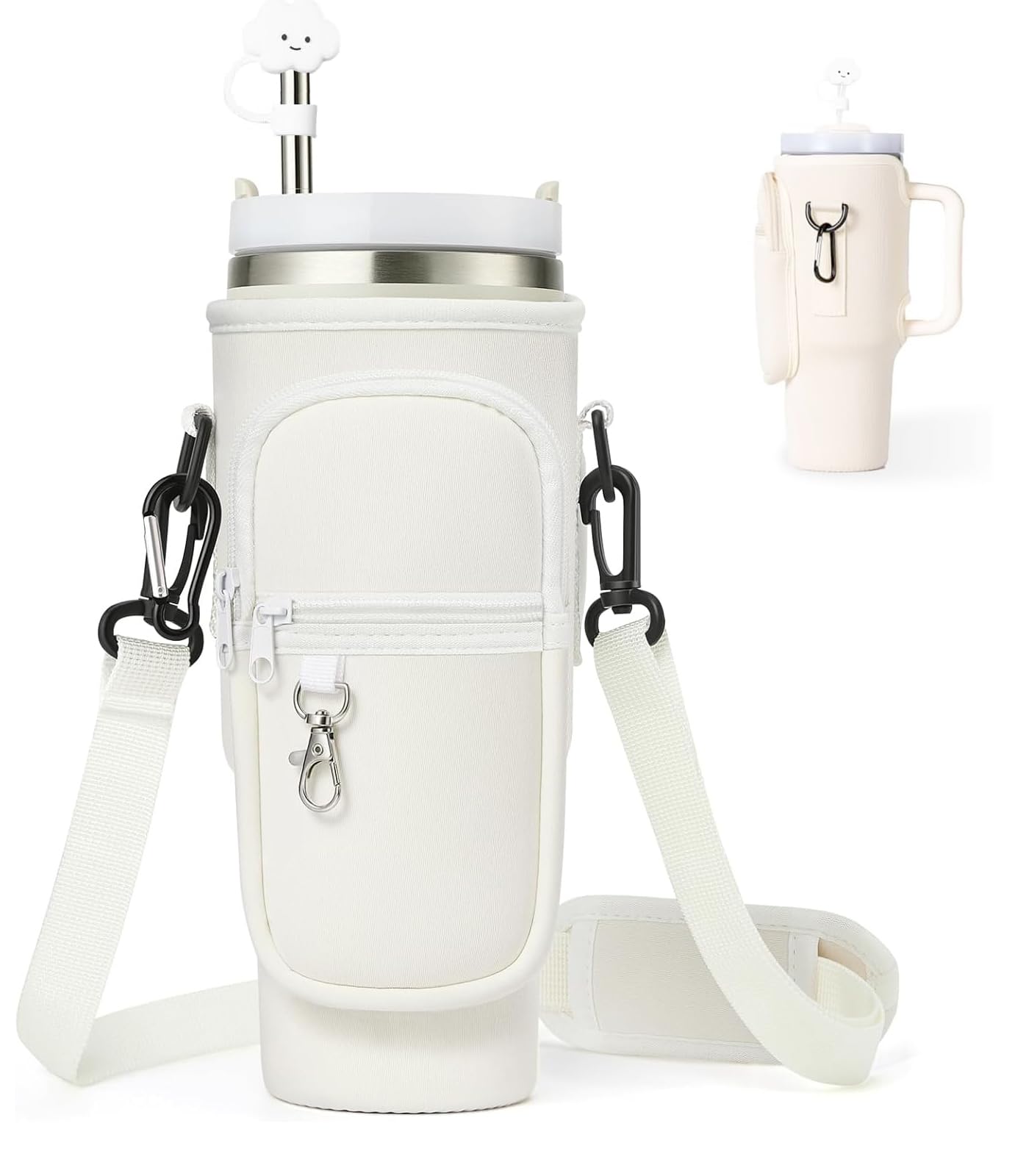 JLLYGOUS Carry Bag for Stanley Cup 40 oz | Stanley Quencher Accessories | Stanley Cup Bag with Mobile Phone Pocket, Carry Handle Adjustable Shoulder Strap Carabiner Straw Case (Cream)