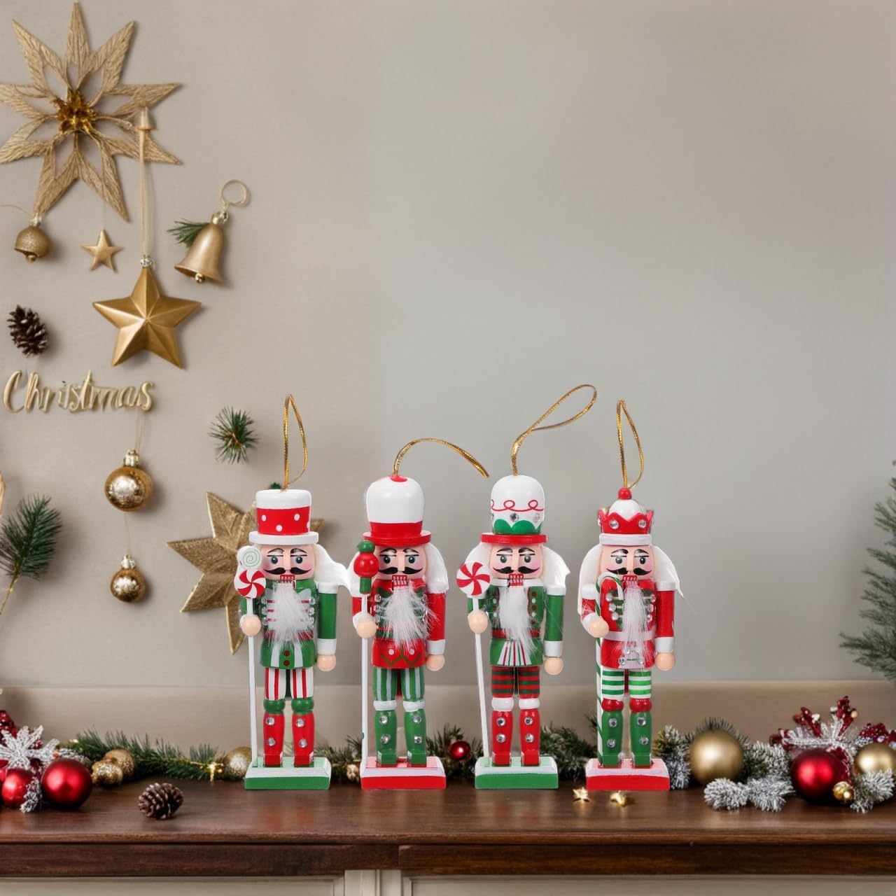 VOSAREA 4PCS Wooden Nutcracker Ornament 4.92 Inch Christmas Hanging Soldier Nutcracker Figurines Xmas Holiday Tree Decorations for Xmas Tree, Table, Shelf, Fireplace Decor