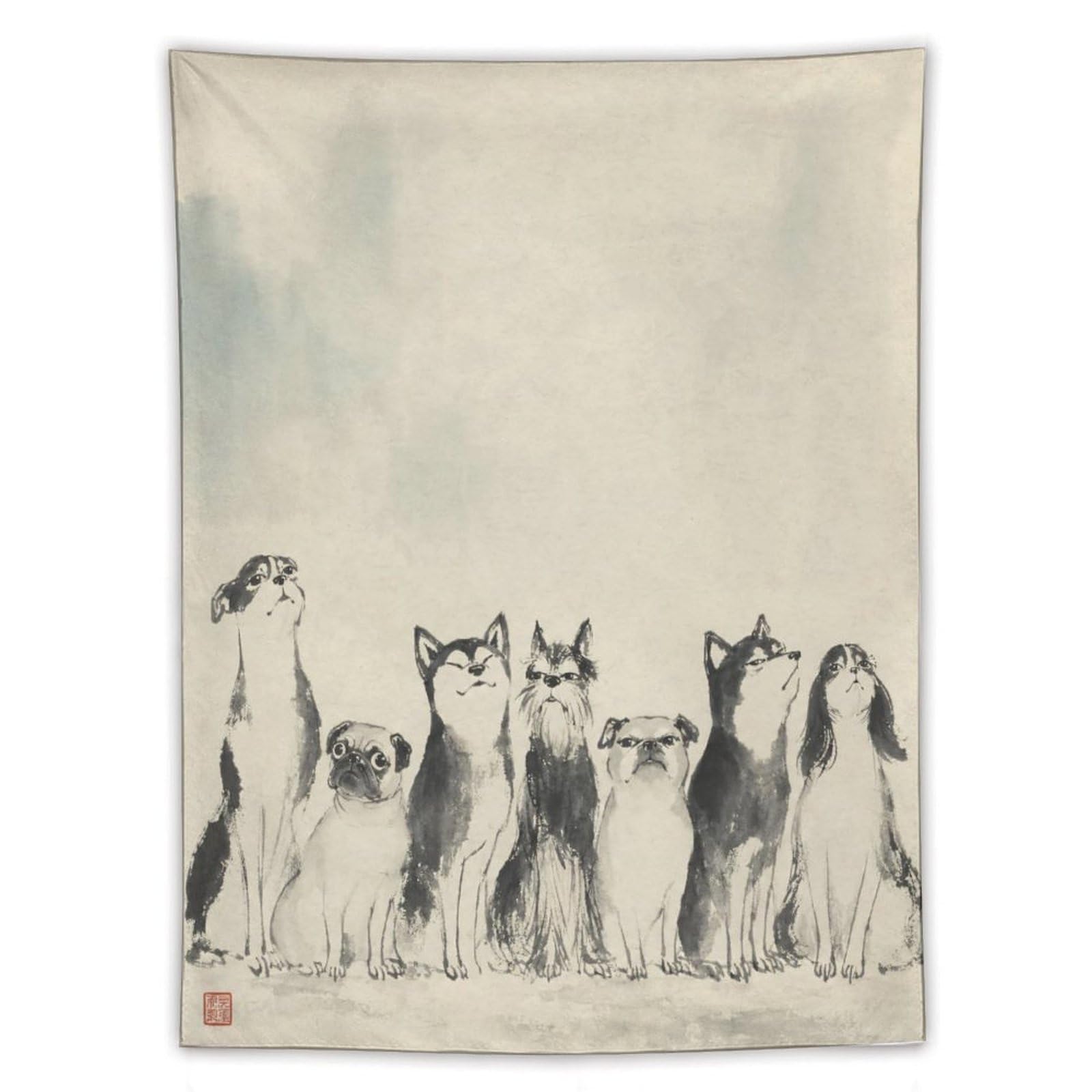 H3B8U2Y5 White Dog Group Wall Tapestry, Asian Ink Style, Ceiling Hanging