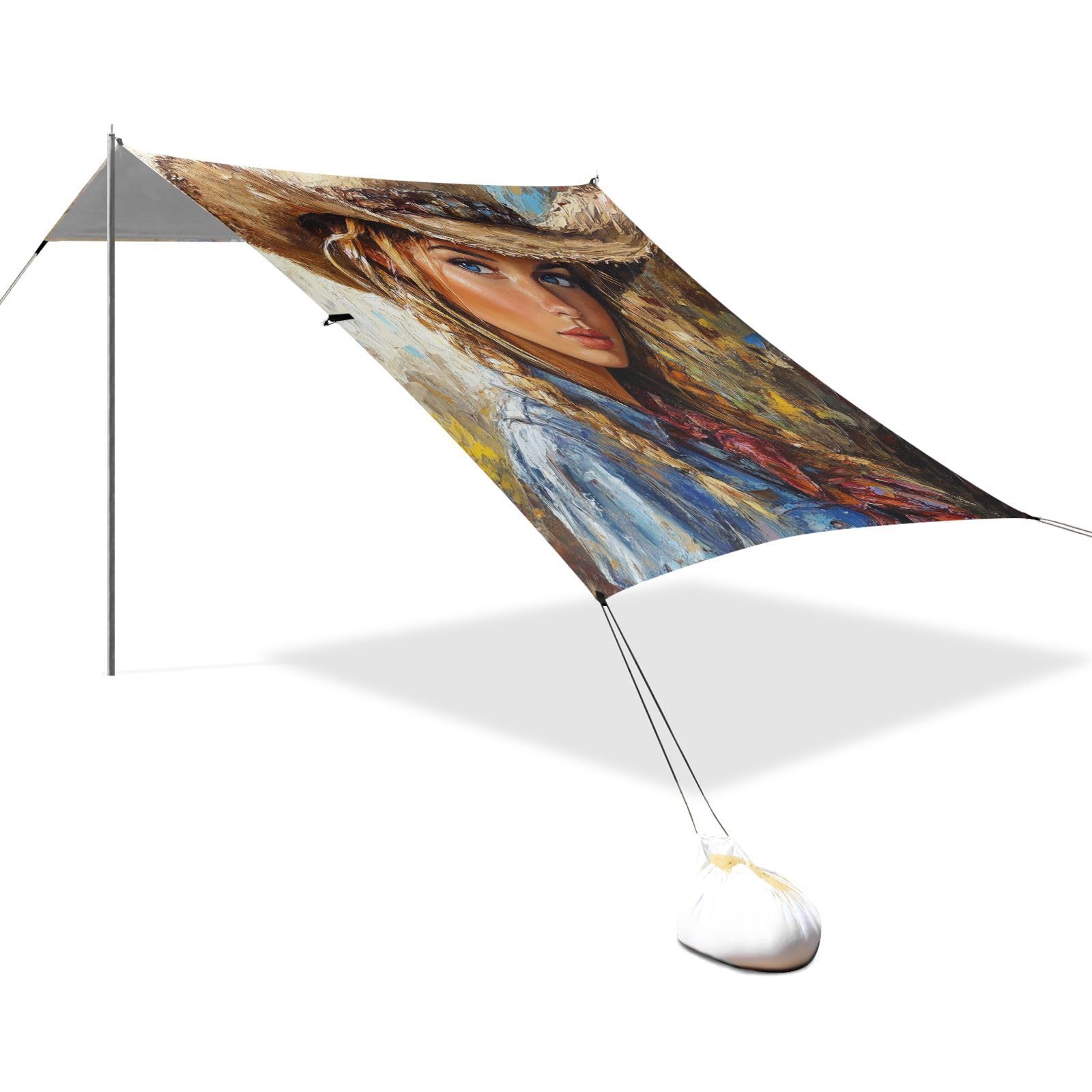 Western Cowgirl Beautiful Wild West Foldable Beach Canopy UPF50 Waterproof Sun Shade with Sandbags & Sand Shovel for Family Trips, Picnics & Camping