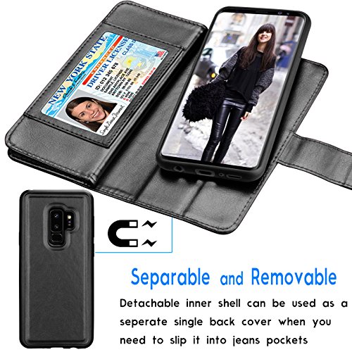 Tekcoo Galaxy S9 Plus Case, S9 Plus Wallet Case/Samsung Galaxy S9+ Pu Leather Case, Luxury Credit Card Slots Holder Carrying Folio Flip Cover [Detachable Magnetic Hard Case] Kickstand - Black #TOP3