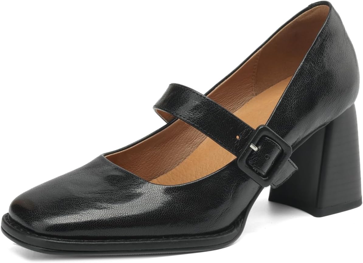 TinaCus Handmade Genuine Leather Women's Square Toe Modern Buckle Mary Jane Pumps