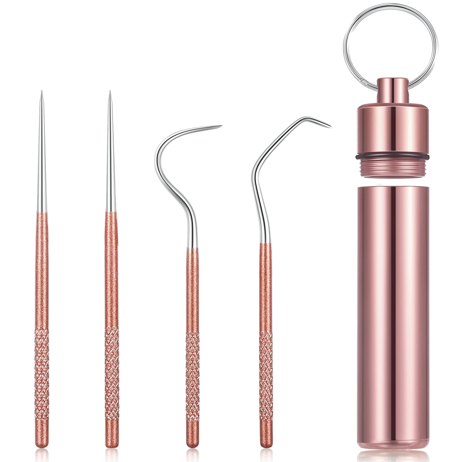 Portable Titanium Toothpicks Pocket Set Reusable Metal Stainless Steel Toothpicks with Holder for Outdoor Picnic and Camping (Rose Gold,1 Set)