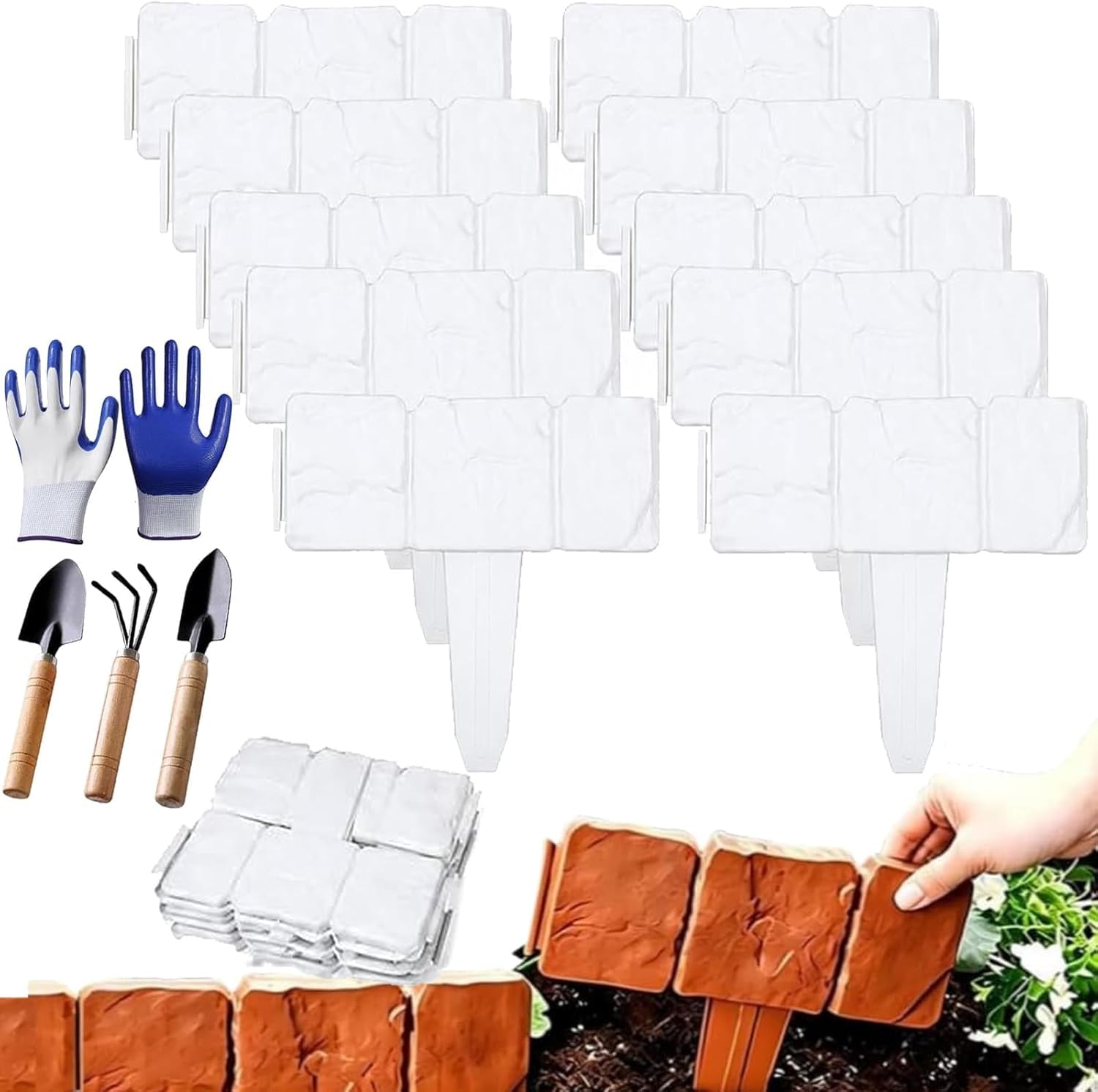 Recinzione da Giardino Flessibile in Finta Pietra - Bordura Fai-da-Te, Pannelli Paesaggistici in Plastica Ad Incastro per Aiuole, Prato E Decorazione del Giardino. White 20pcs