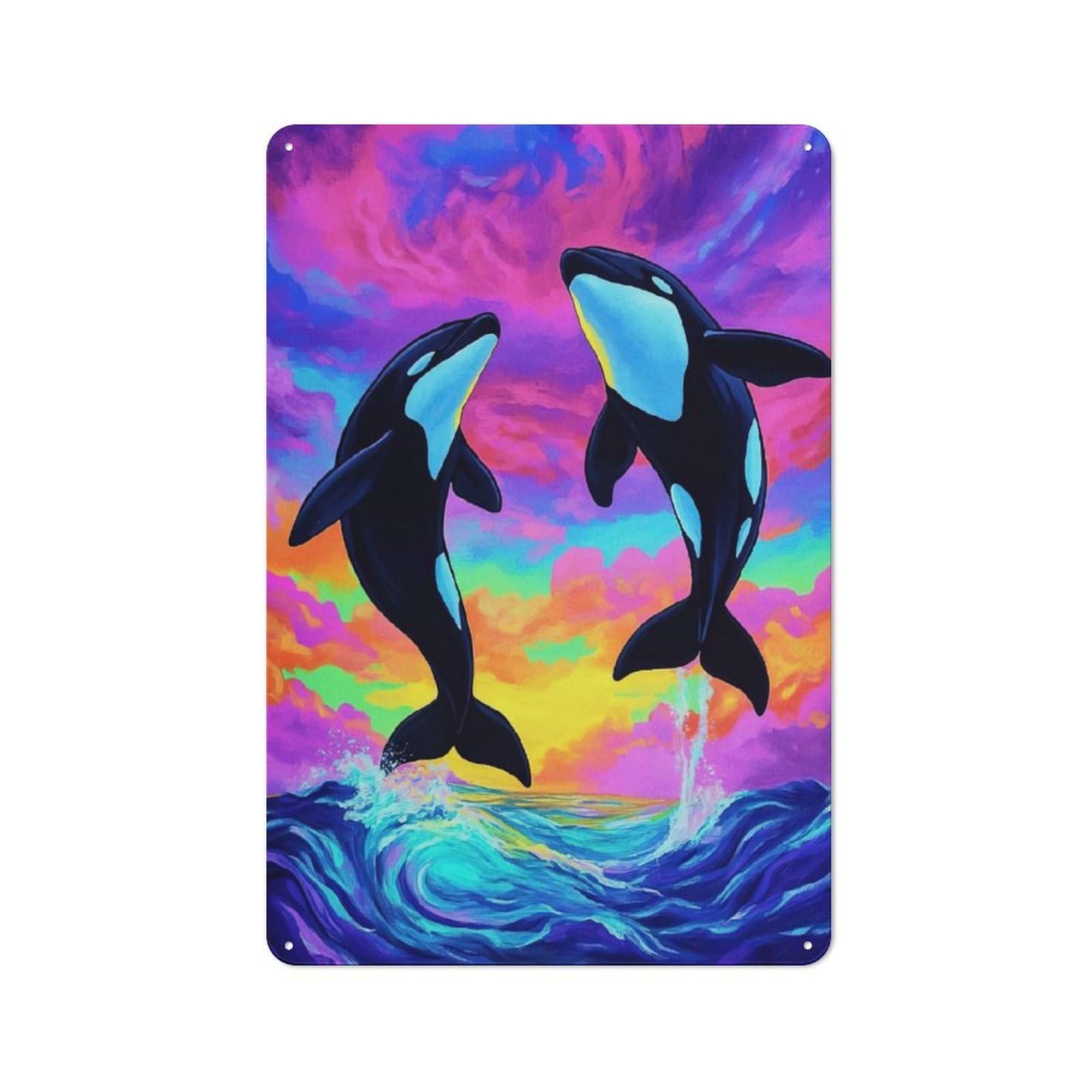 Junmoney Orcas Leaping Colorful Ocean Rustic Tin Wall Sign 30X20cm Featuring Bistro Wall Plaque For Restaurant, Kitchen, Counter Or Breakfast Nook