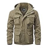 PETCIDM Military Cargo Jackets for Men Multi-Pocket Hiking Coats with Hood Zip Up Long Sleeve Army Safari Bomber Jackets