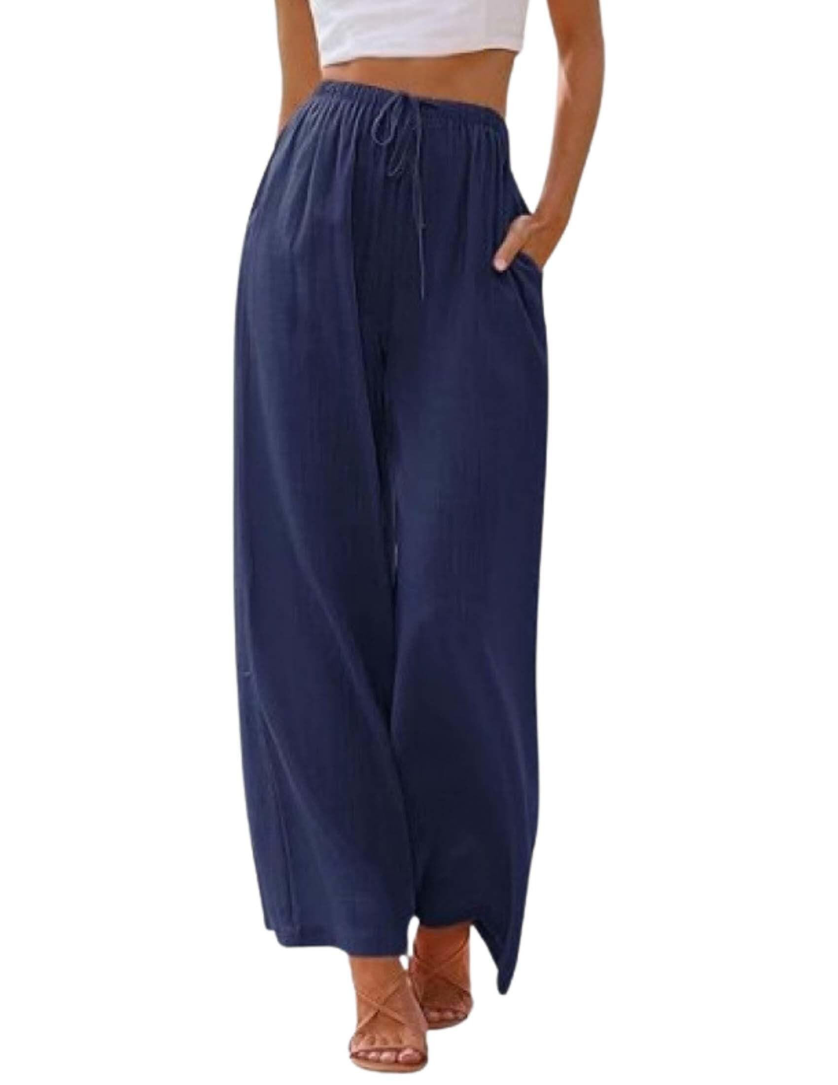 - Women's Flowy Linen Palazzo Pants with Pockets Tie Front Elastic High Waist Design