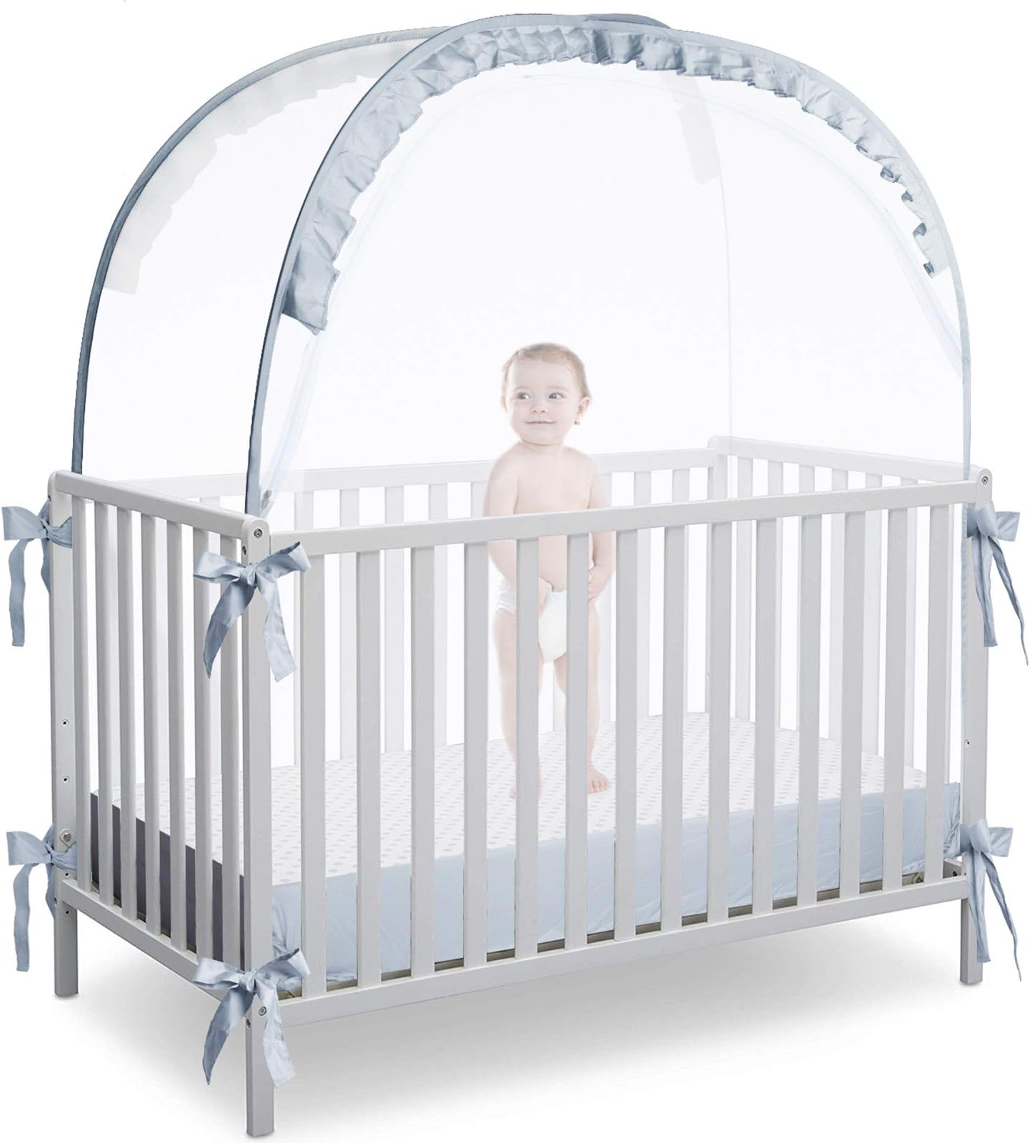 L RUNNZER Baby Crib Tent, Breathable Pop Up Crib Tent Canopy Keep Baby from Climbing Out, Crib Net to Keep Baby in with Auto-Lock Zipper(55.2" L x 27.6" W x 51.6" H)